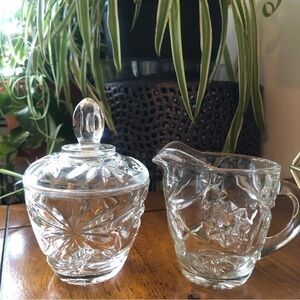 Anchor Hocking Vintage 60s MCM EAPC Prescut Clear Creamer and Sugar Bowl w/ Lid